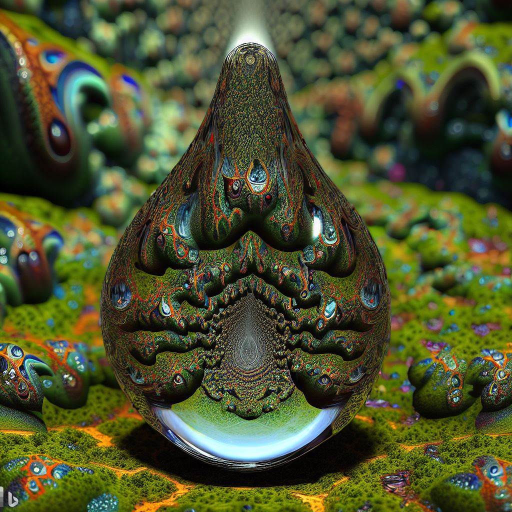 3 -a 3d hyper-real raindrop falling toward a mossy lichen-encrusted fractal rainforest floor that contains a mysterious - jubilant recursion mirror Escheresque convulsions -.jpg